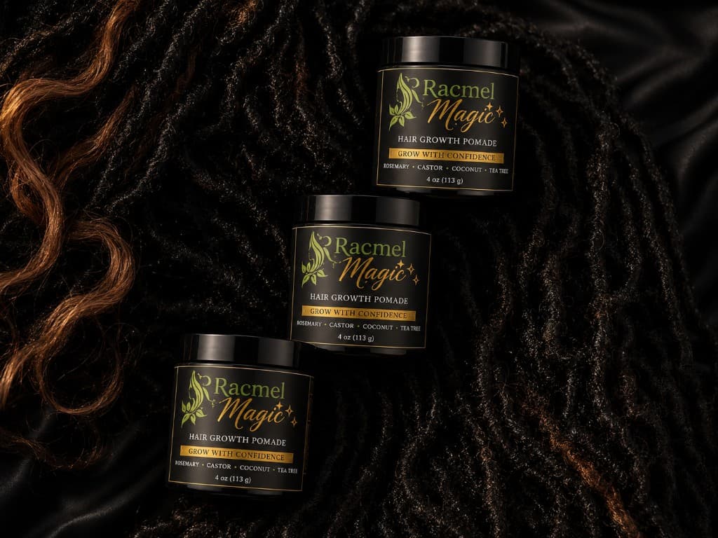 Three jars of Racmel Magic pomade on textured locs